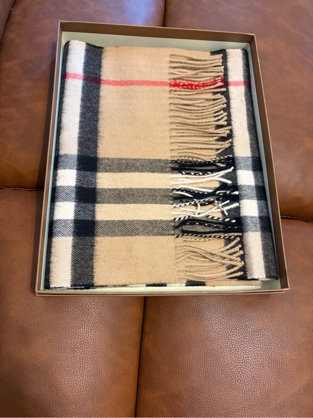 Burberry Beige, Black & White Signature Check Cashmere Fringe Scarf - Picture 4 of 5